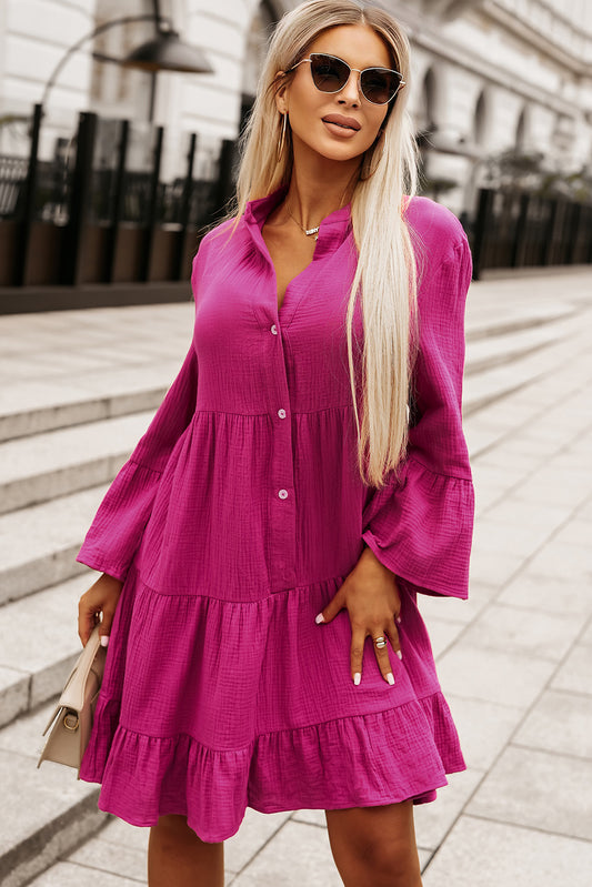 Buttoned Flare Sleeve Tiered Dress - Babbazon