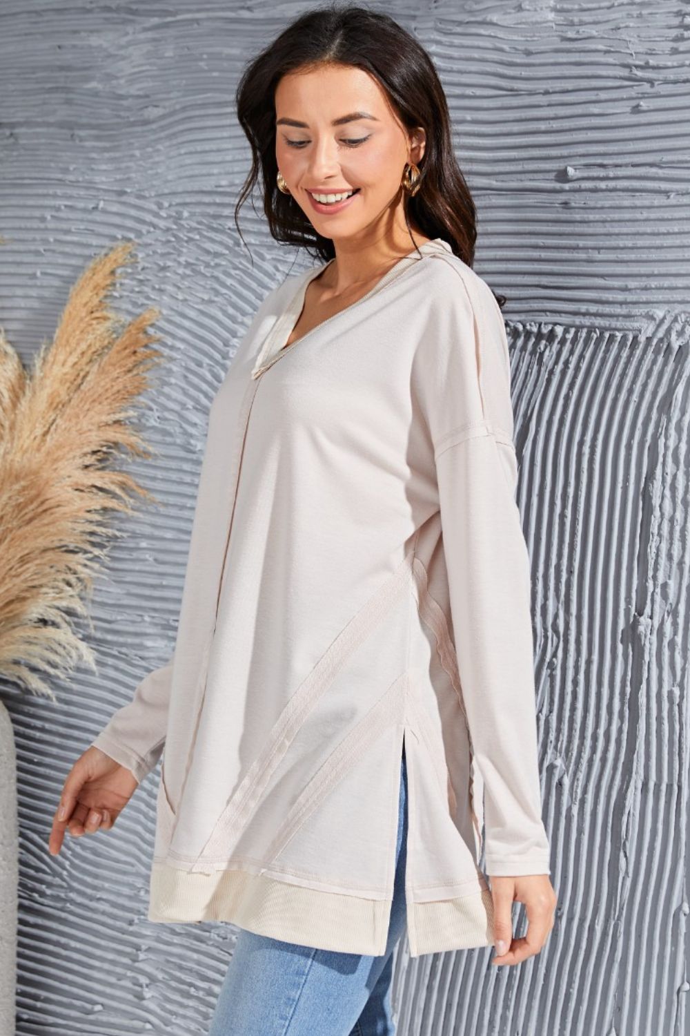 Exposed Seam V-Neck Long Sleeve Slit Sweatshirt 