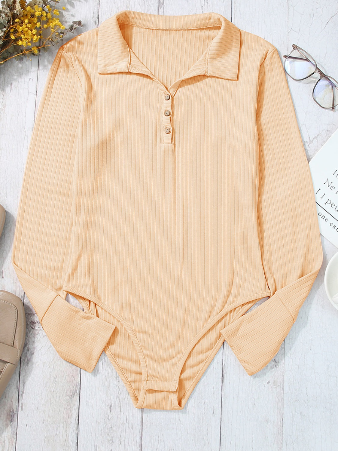 Half Button Collared Neck Long Sleeve Bodysuit 