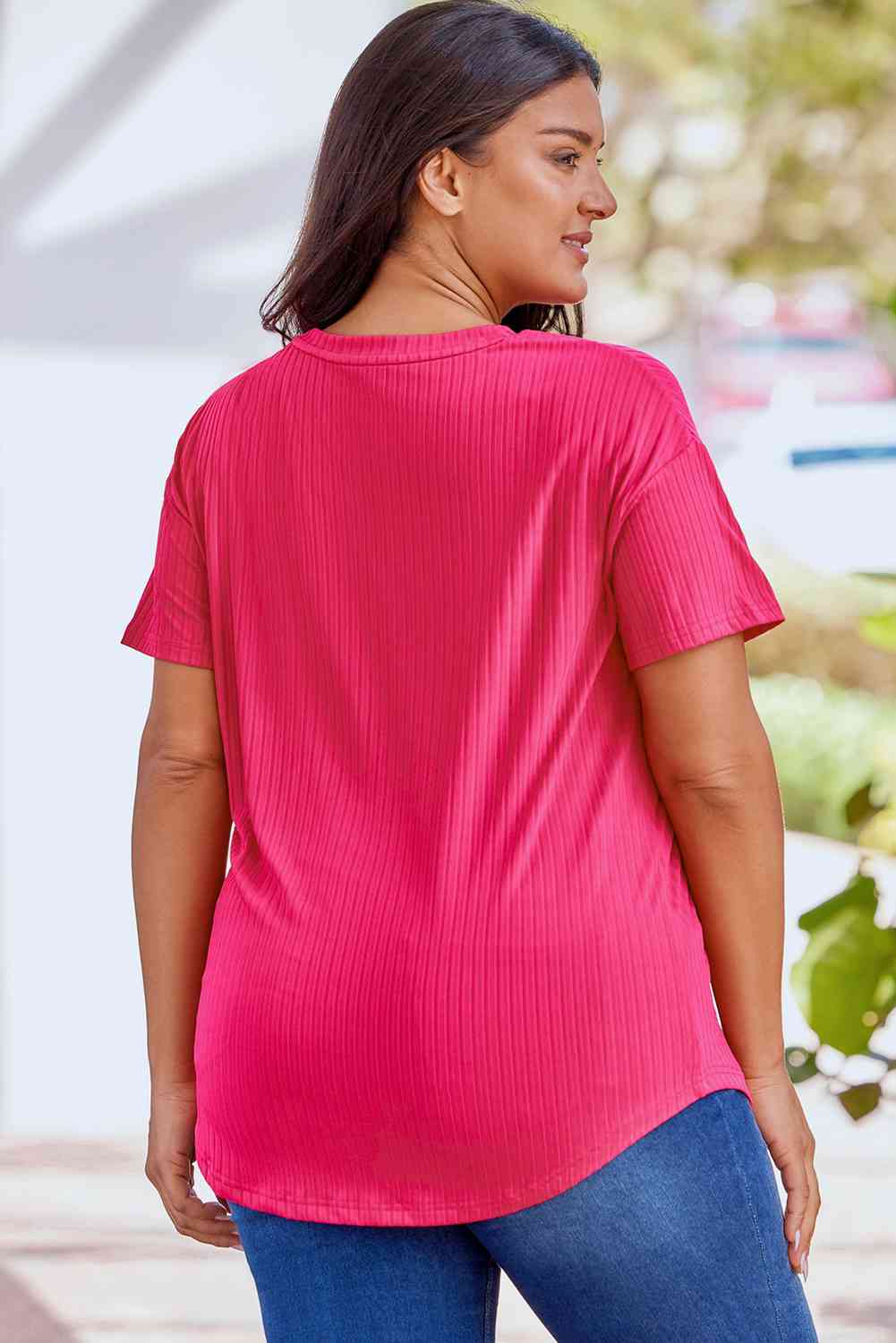 Ribbed Drop Shoulder Curved Hem Top 