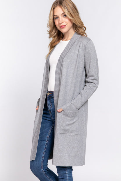 ACTIVE BASIC Open Front Rib Trim Long Sleeve Knit Cardigan 