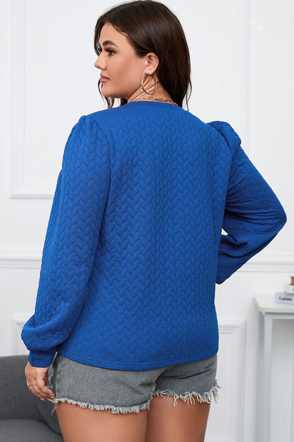 Plus Size Textured Round Neck Long Sleeve Top 