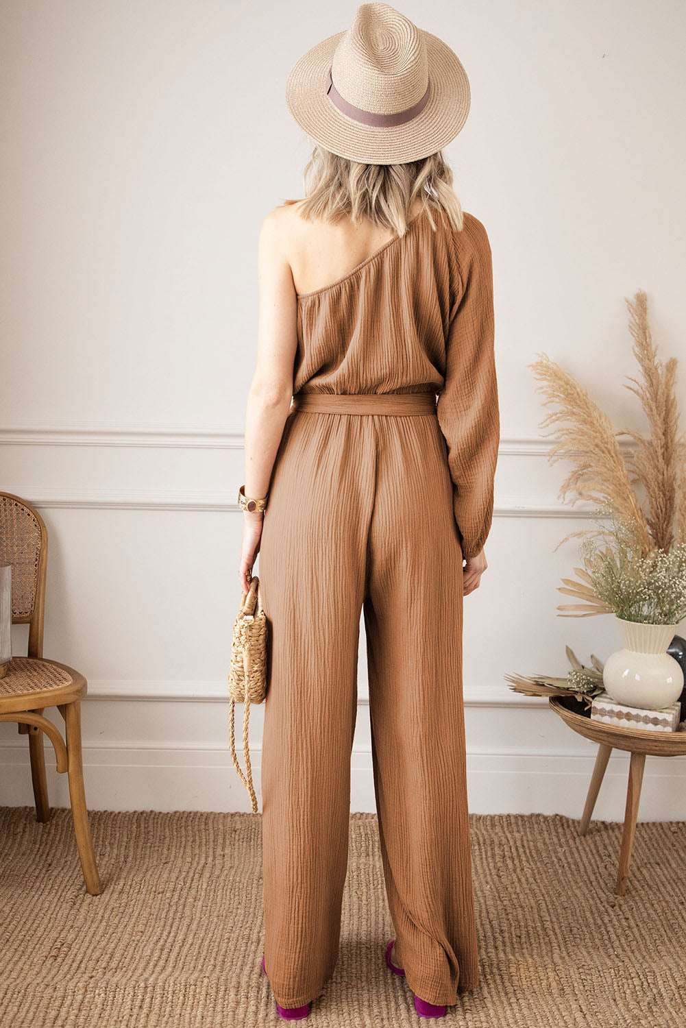 Texture Single Shoulder Tie-Waist Jumpsuit 