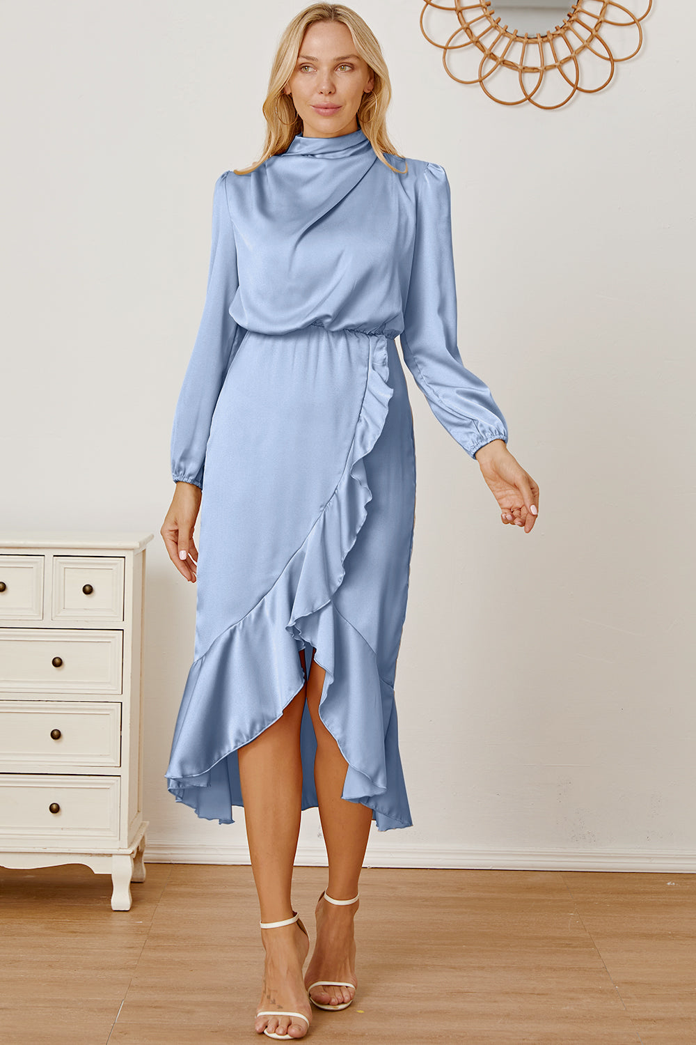 Mock Neck Ruffled Asymmetrical Dress - Babbazon Midi Dress