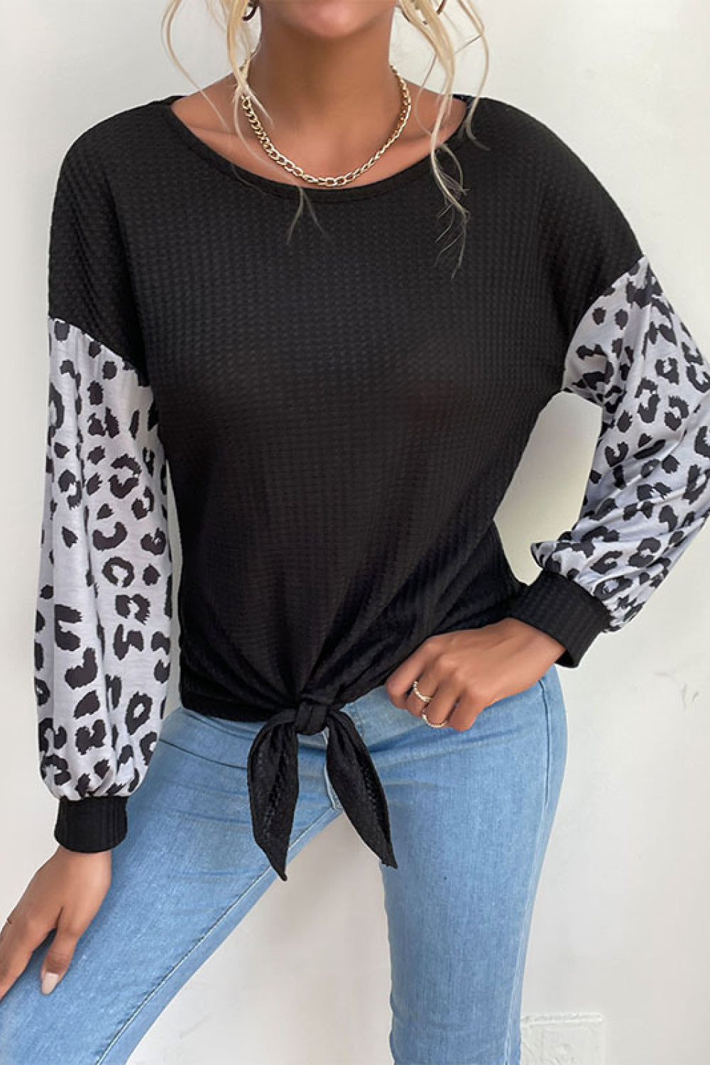 Leopard Print Sleeve Tie Front Top 