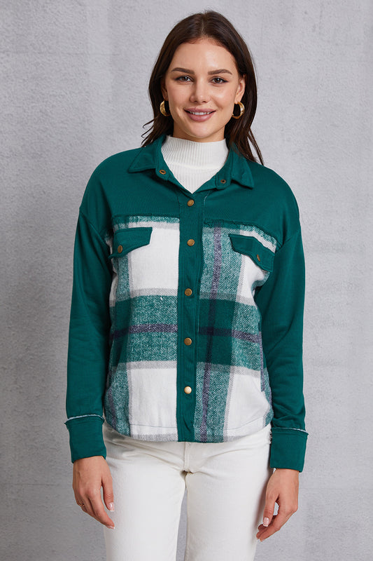 Plaid Snap Down Pocketed Dropped Shoulder Jacket 