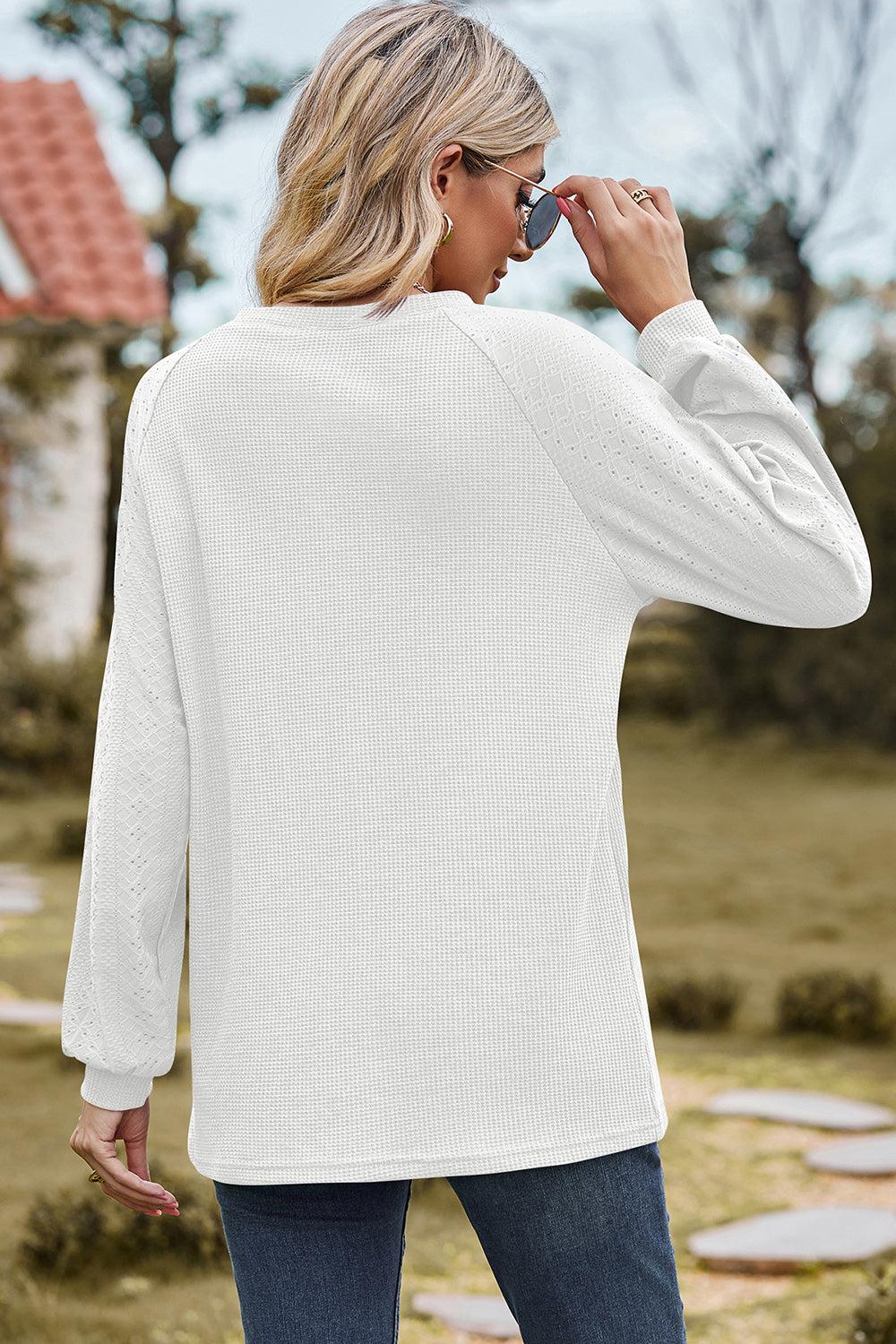 Eyelet Round Neck Long Sleeve T-Shirt 