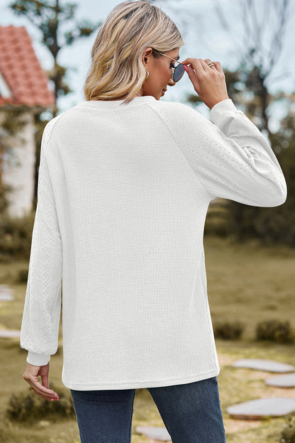 Eyelet Round Neck Long Sleeve T-Shirt 