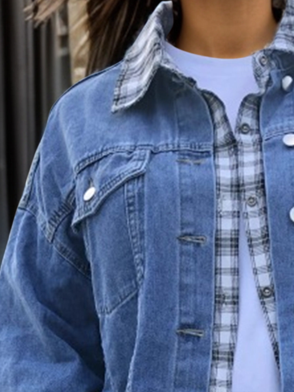 Plus Size Plaid Collared Neck Raw Hem Denim Jacket 