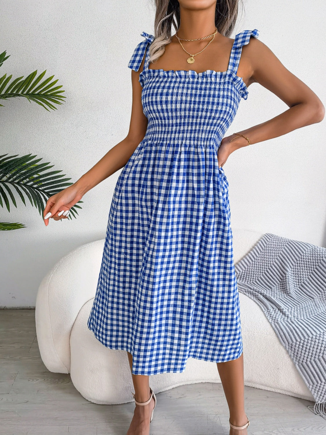 Frill Plaid Square Neck Midi Dress