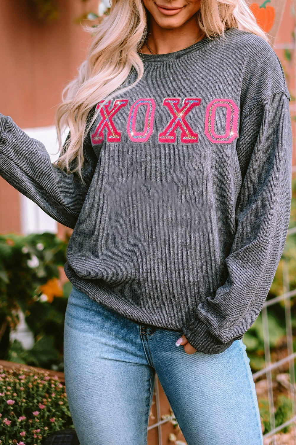 XOXO Round Neck Dropped Shoulder Sweatshirt - Babbazon sweatshirt