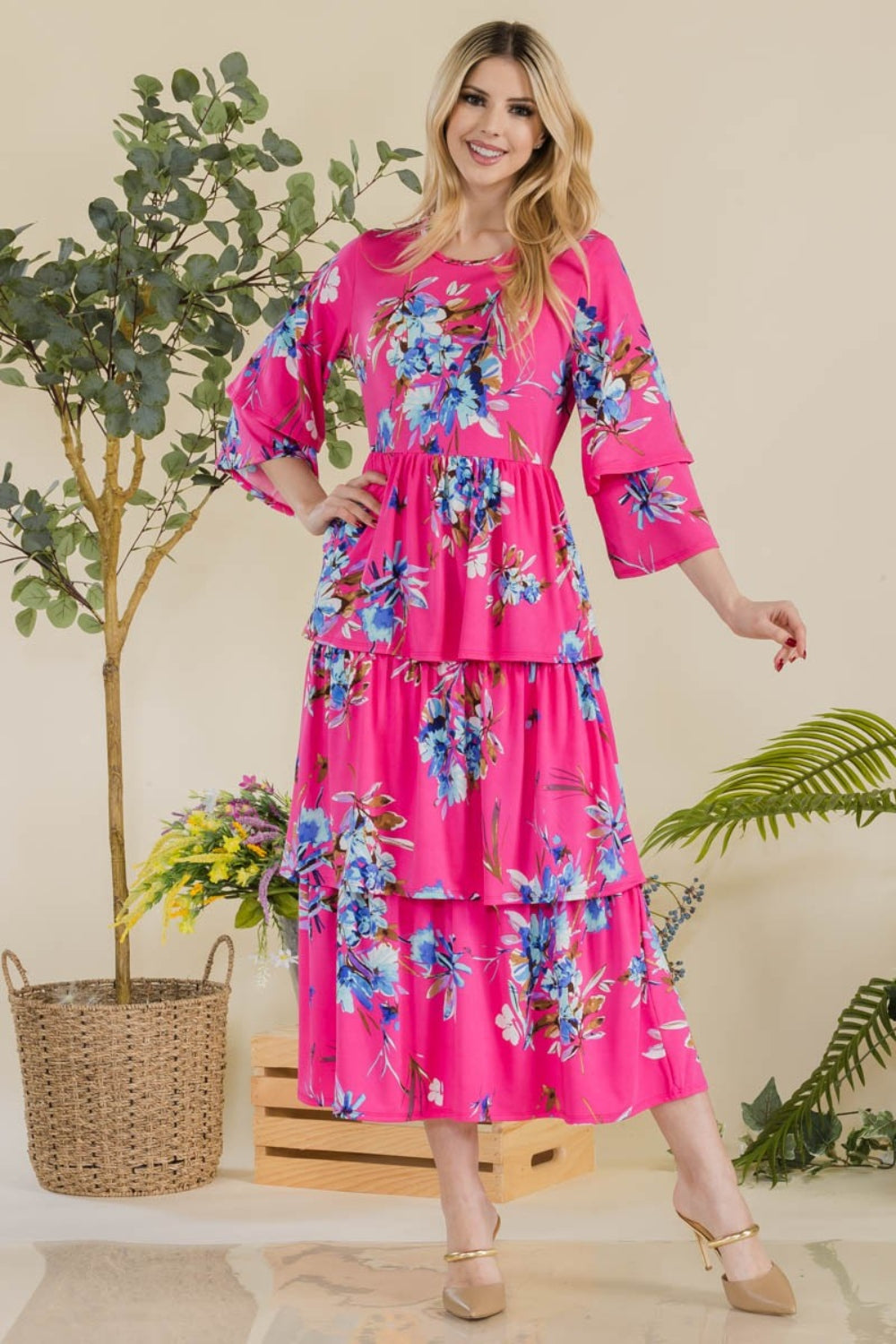 Celeste Full Size Floral Ruffle Tiered Midi Dress 