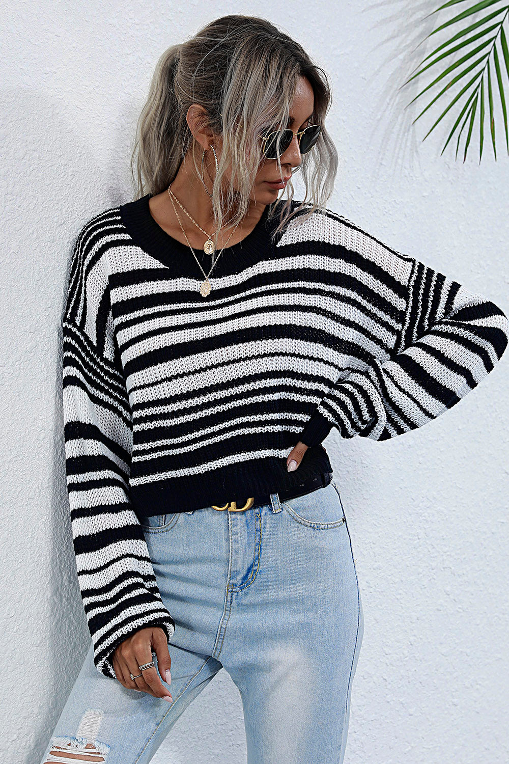 Striped Round Neck Dropped Shoulder Sweater 