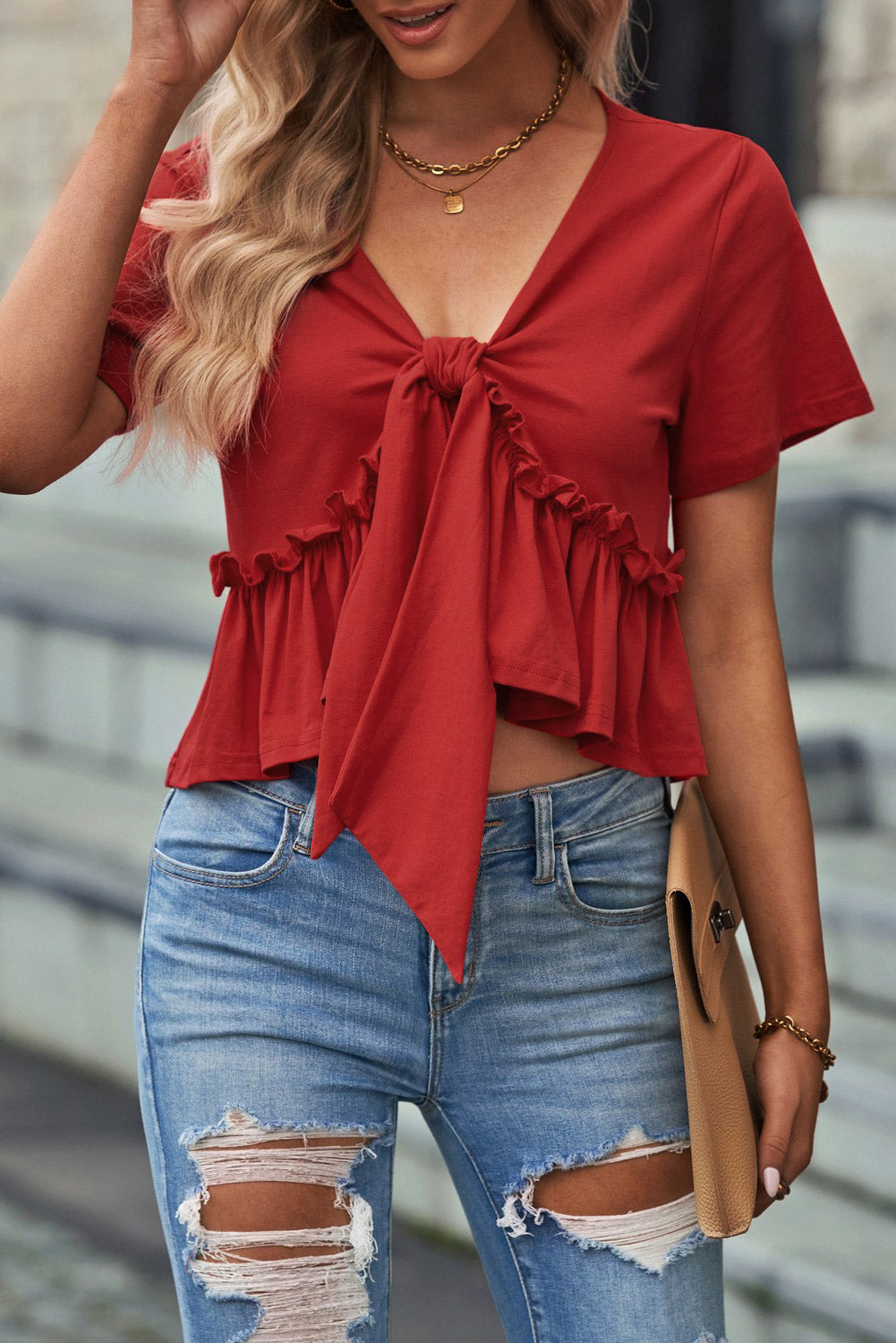 Frill Ruched V-Neck Short Sleeve T-Shirt 