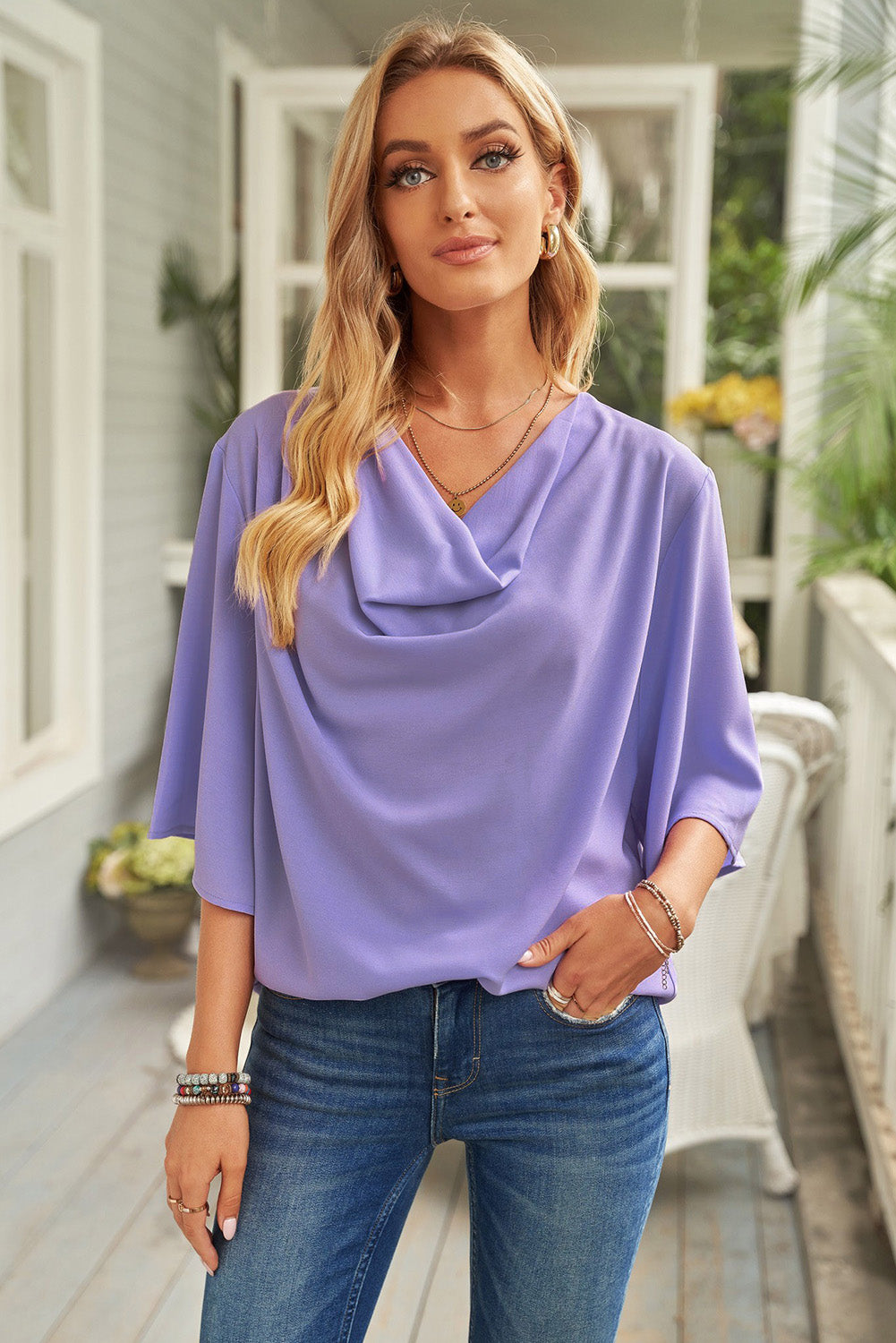 Short Sleeve Draped Blouse - Babbazon blouse