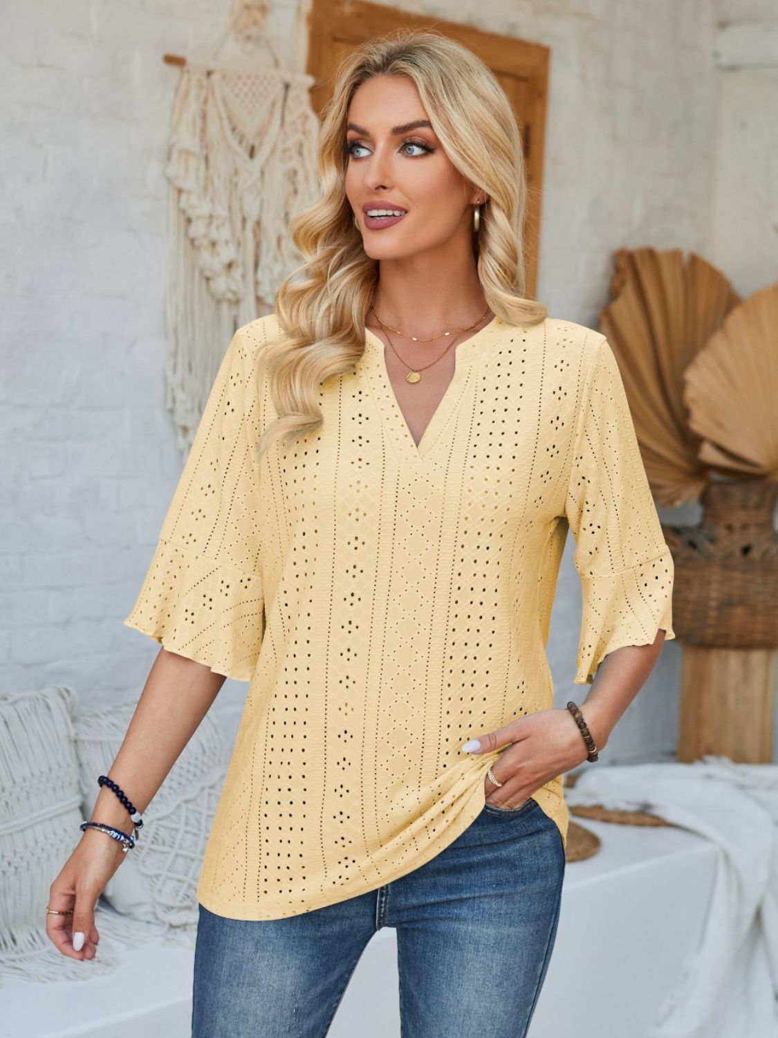 Eyelet Notched Half Sleeve T-Shirt 