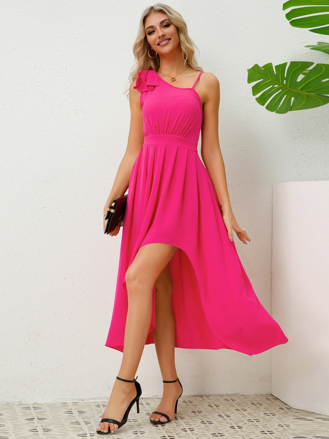 Bow Asymmetrical Neck Sleeveless Dress 