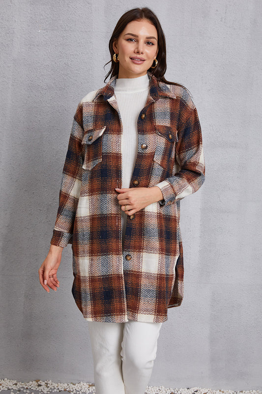 Plaid Button Up Dropped Shoulder Coat with Pockets 