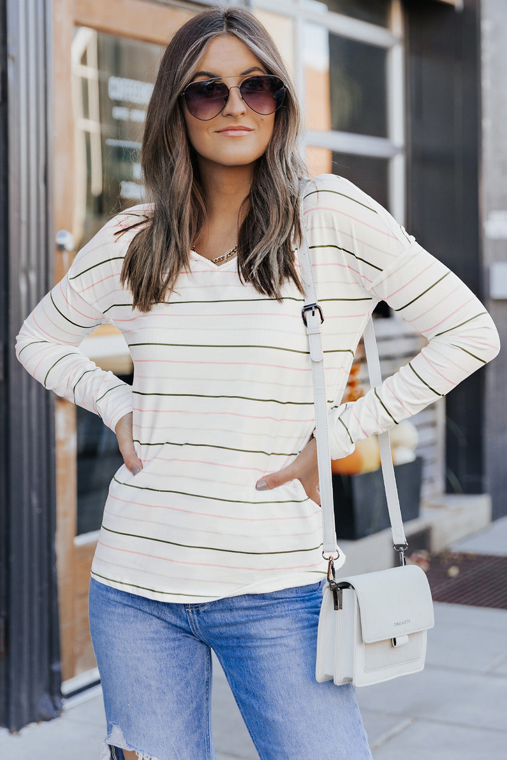 Striped Dropped Shoulder V-Neck Top 