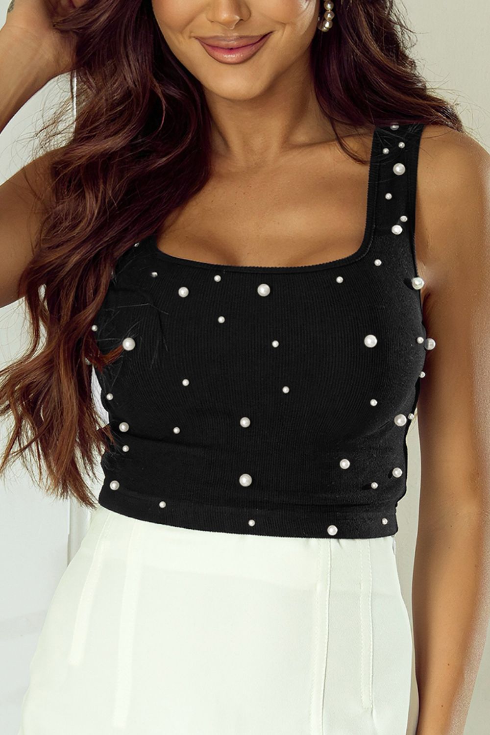 Pearl Detail Square Neck Tank - Babbazon Tops