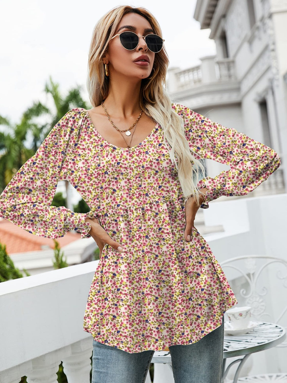 Printed Scoop Neck Lantern Sleeve Blouse