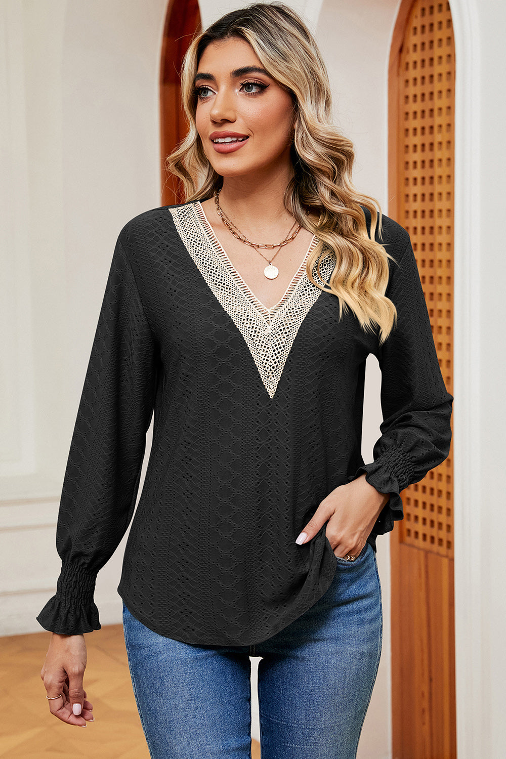 Eyelet V-Neck Flounce Sleeve T-Shirt 