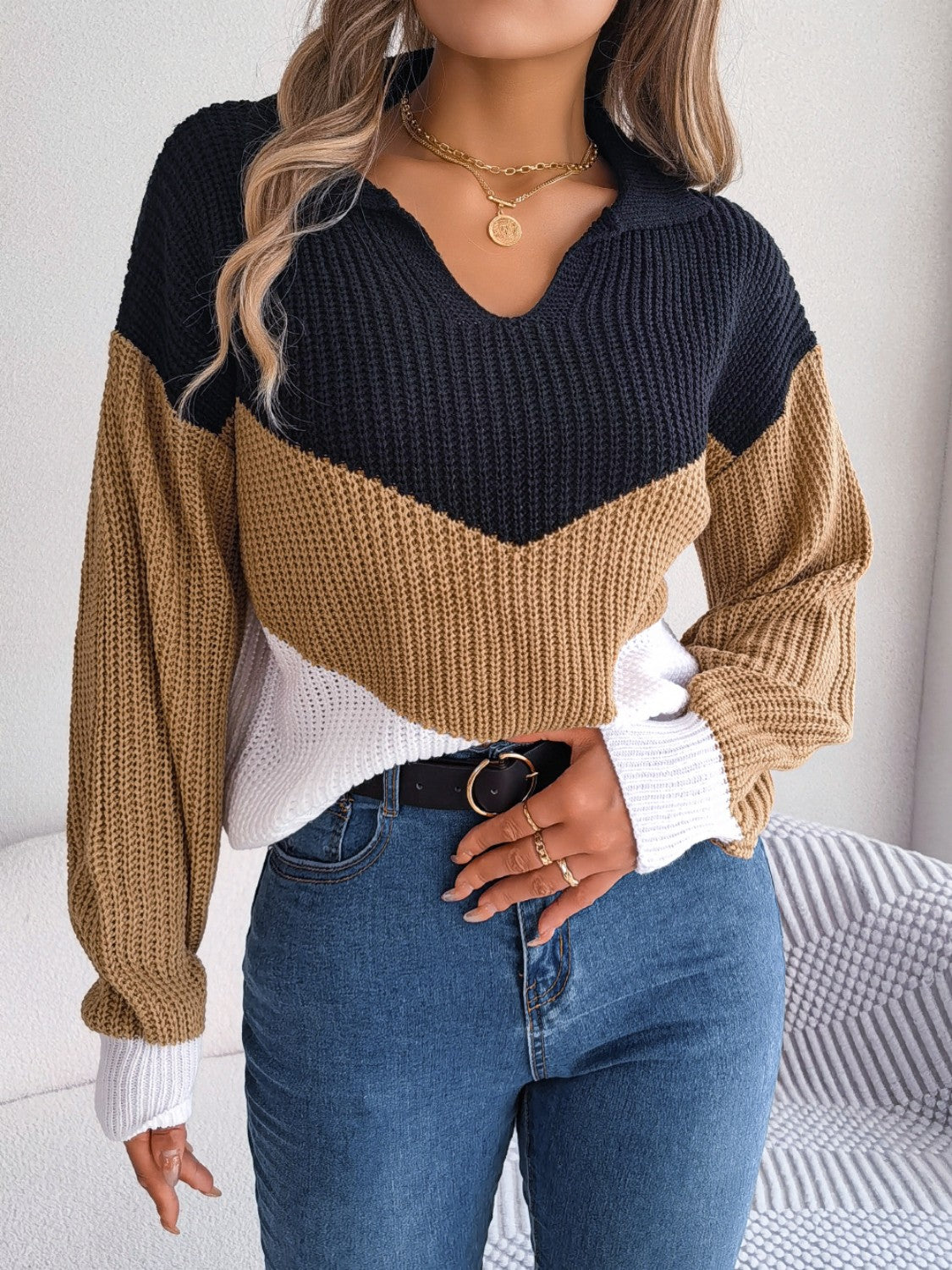 Color Block Dropped Shoulder Sweater 