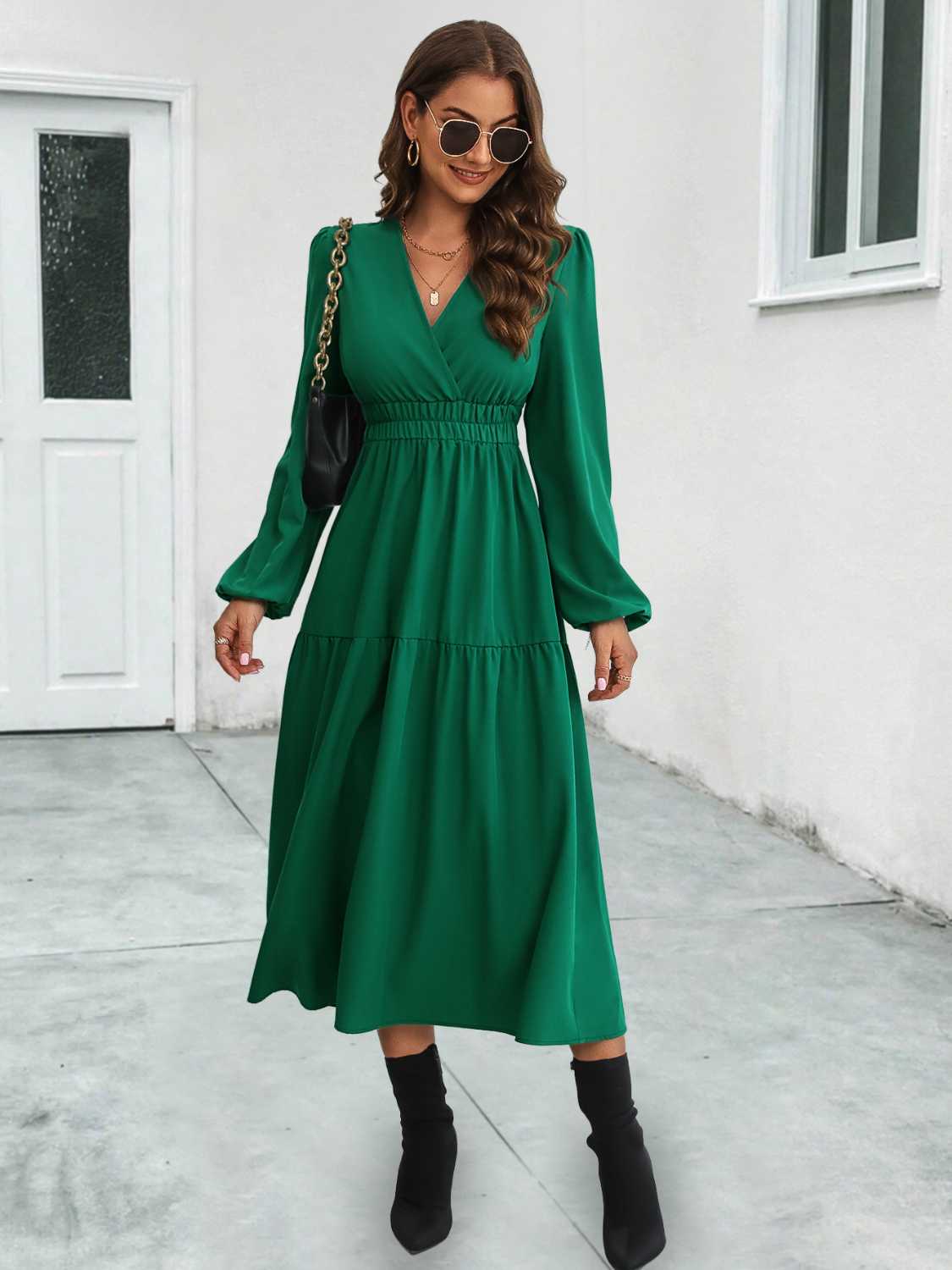 Surplice Neck Long Sleeve Midi Dress 