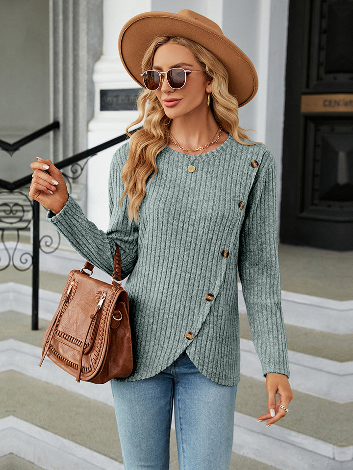 Round Neck Ribbed Button Detail Blouse 