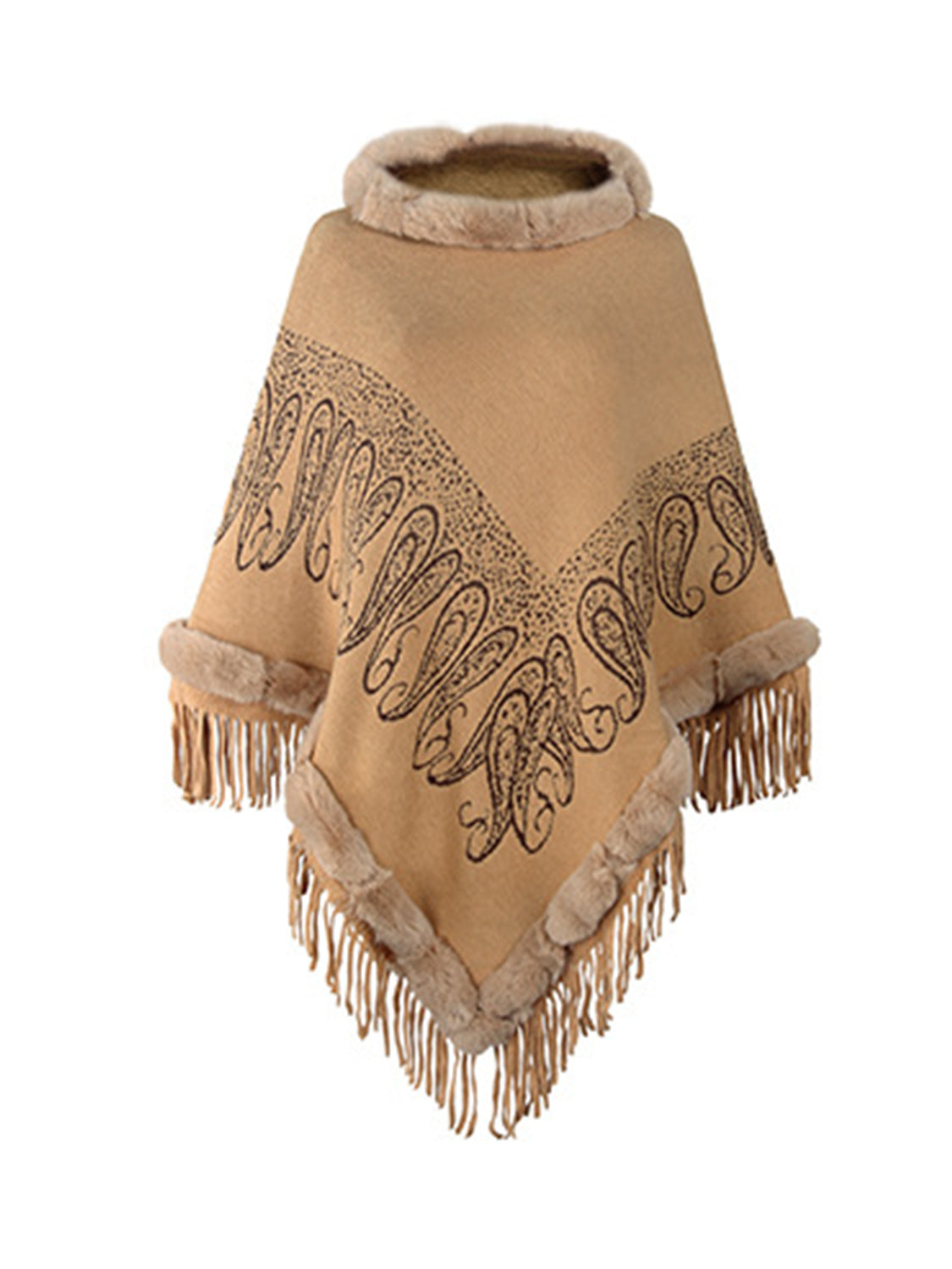 Graphic Fringe Cape Sleeve Poncho 