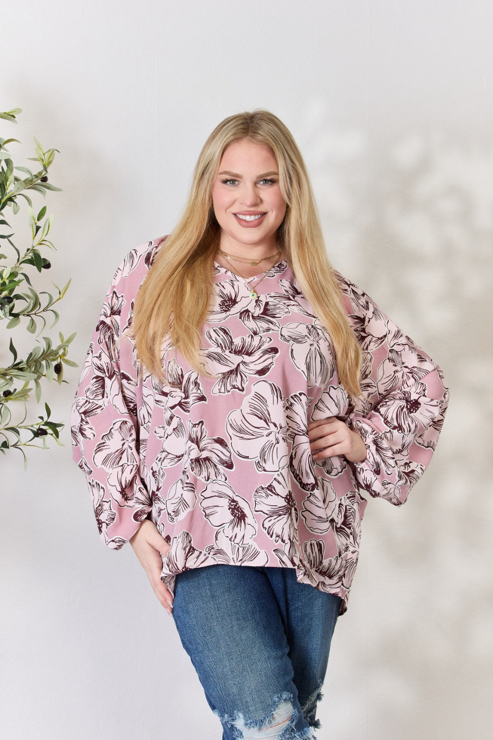 Heimish Full Size Floral V-Neck Balloon Sleeve Blouse 