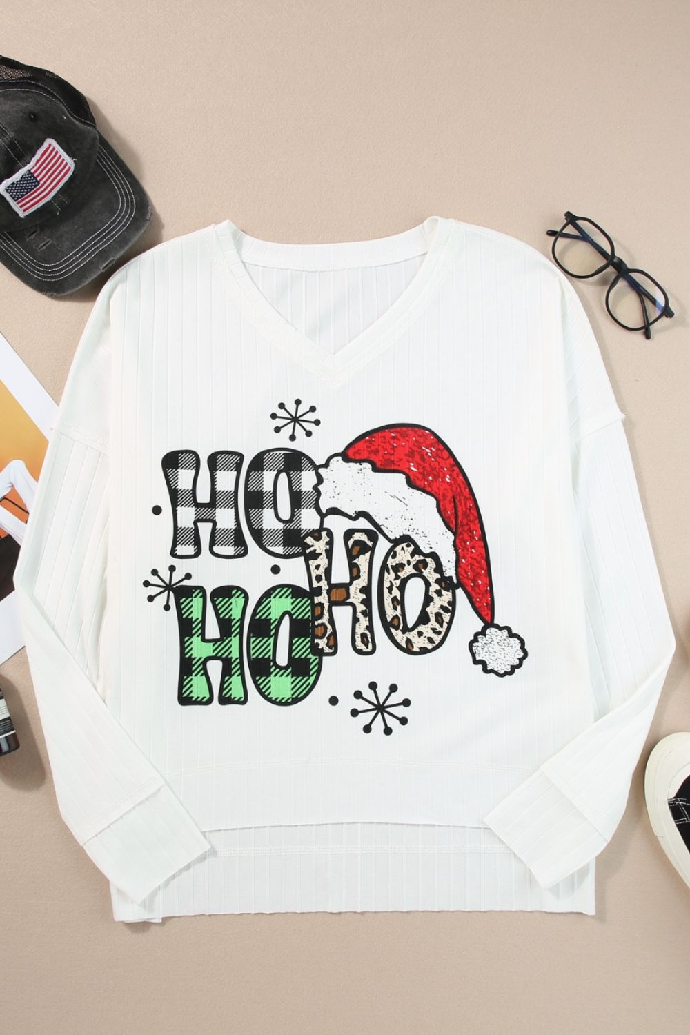 V-Neck Christmas Graphic High-Low Design Long Sleeve Top 