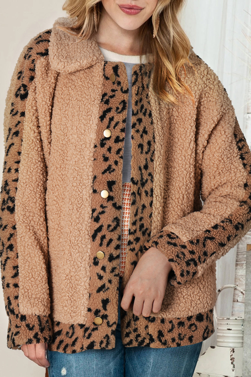 Leopard Snap Down Collared Neck Jacket 