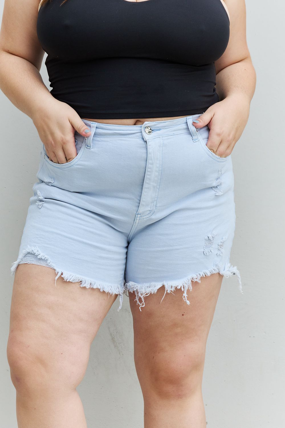 RISEN Katie Full Size High Waisted Distressed Shorts in Ice Blue 