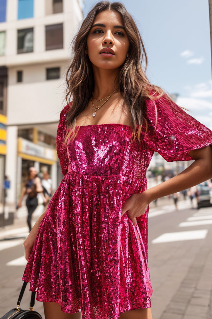 Sequin Square Neck Balloon Sleeve Romper - Babbazon jumpsuit