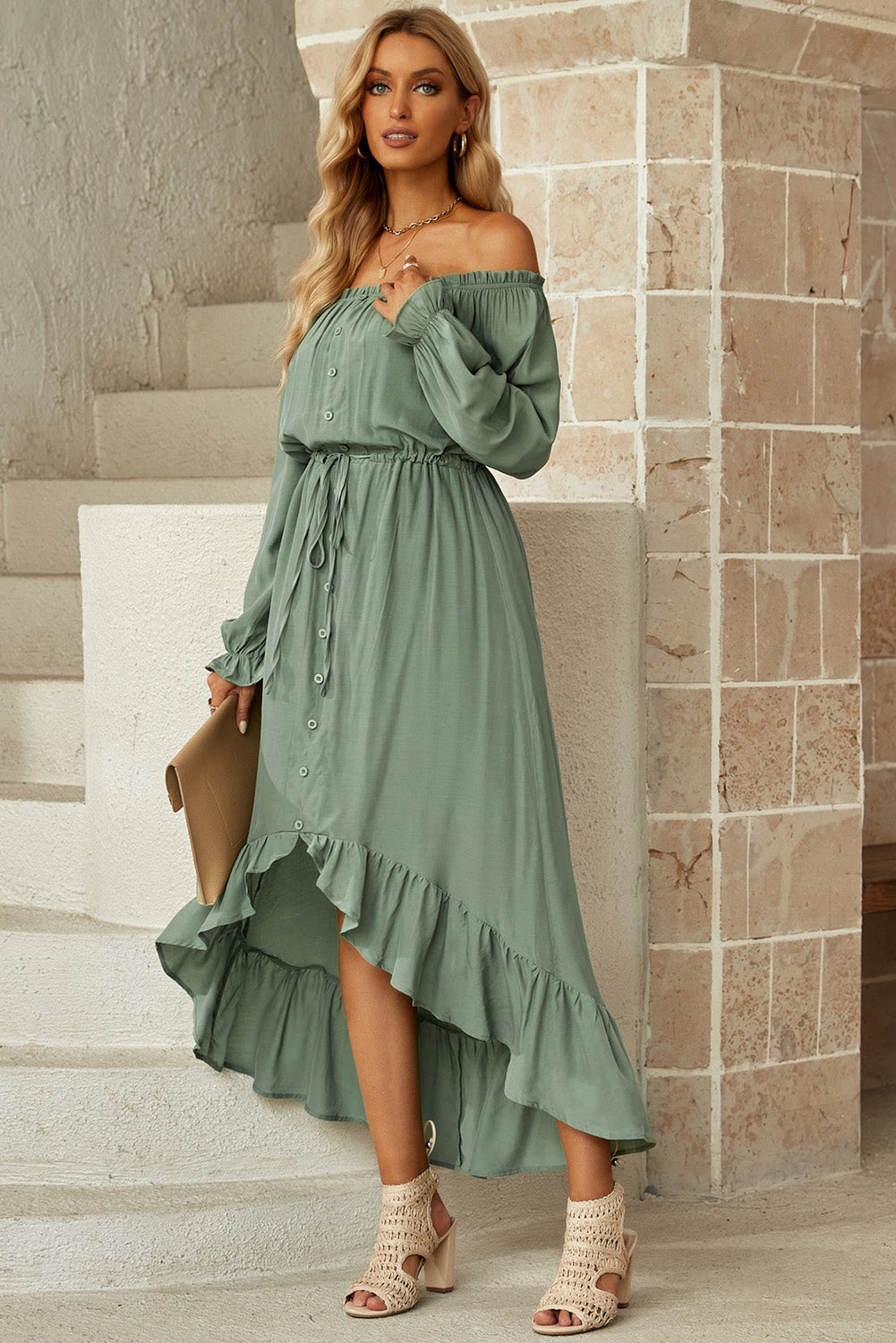 Drawstring Off-Shoulder Flounce Sleeve Dress 