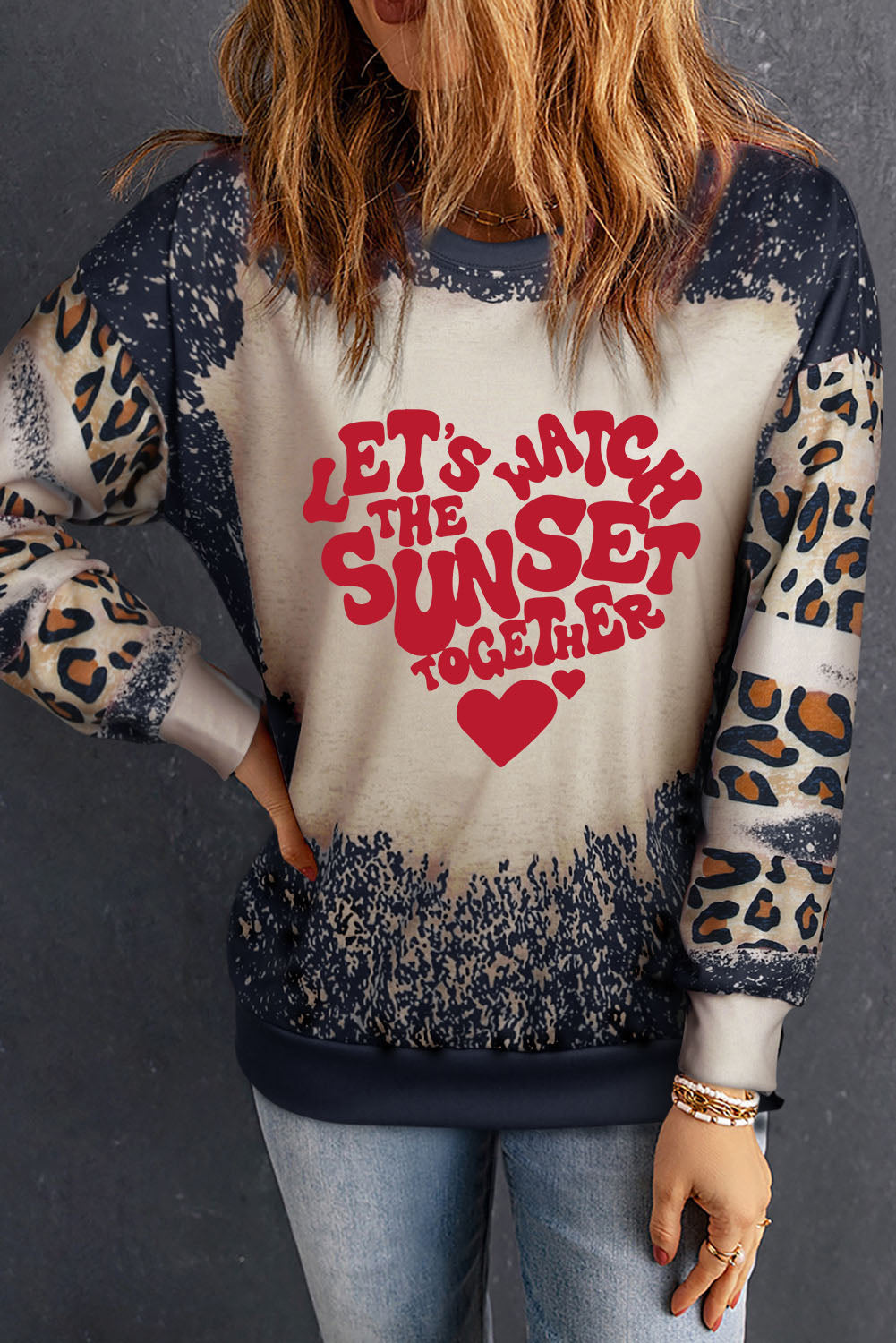 LET'S WATCH THE SUNSET TOGETHER Leopard Round Neck Sweatshirt 