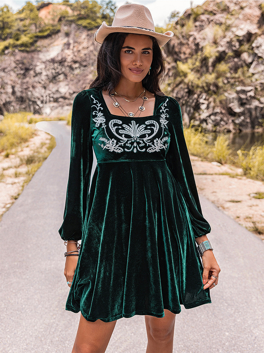 Embroidered Square Neck Long Sleeve Dress 