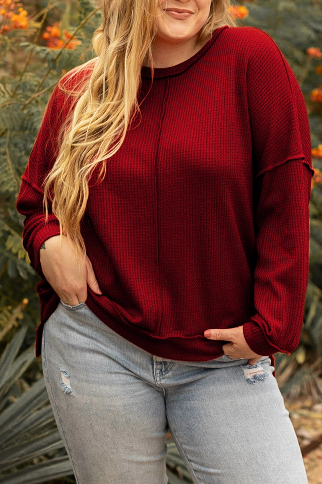 Plus Size Exposed Seam Waffle-Knit High-Low Sweatshirt 