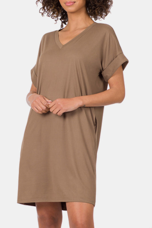 Zenana Rolled Short Sleeve V-Neck Dress 