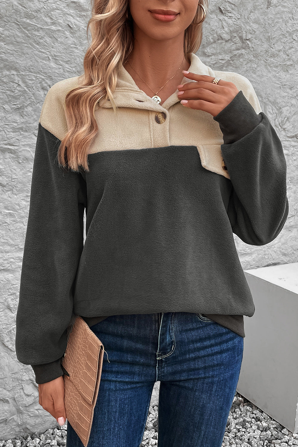 Color Block Quarter Button Dropped Shoulder Sweatshirt 