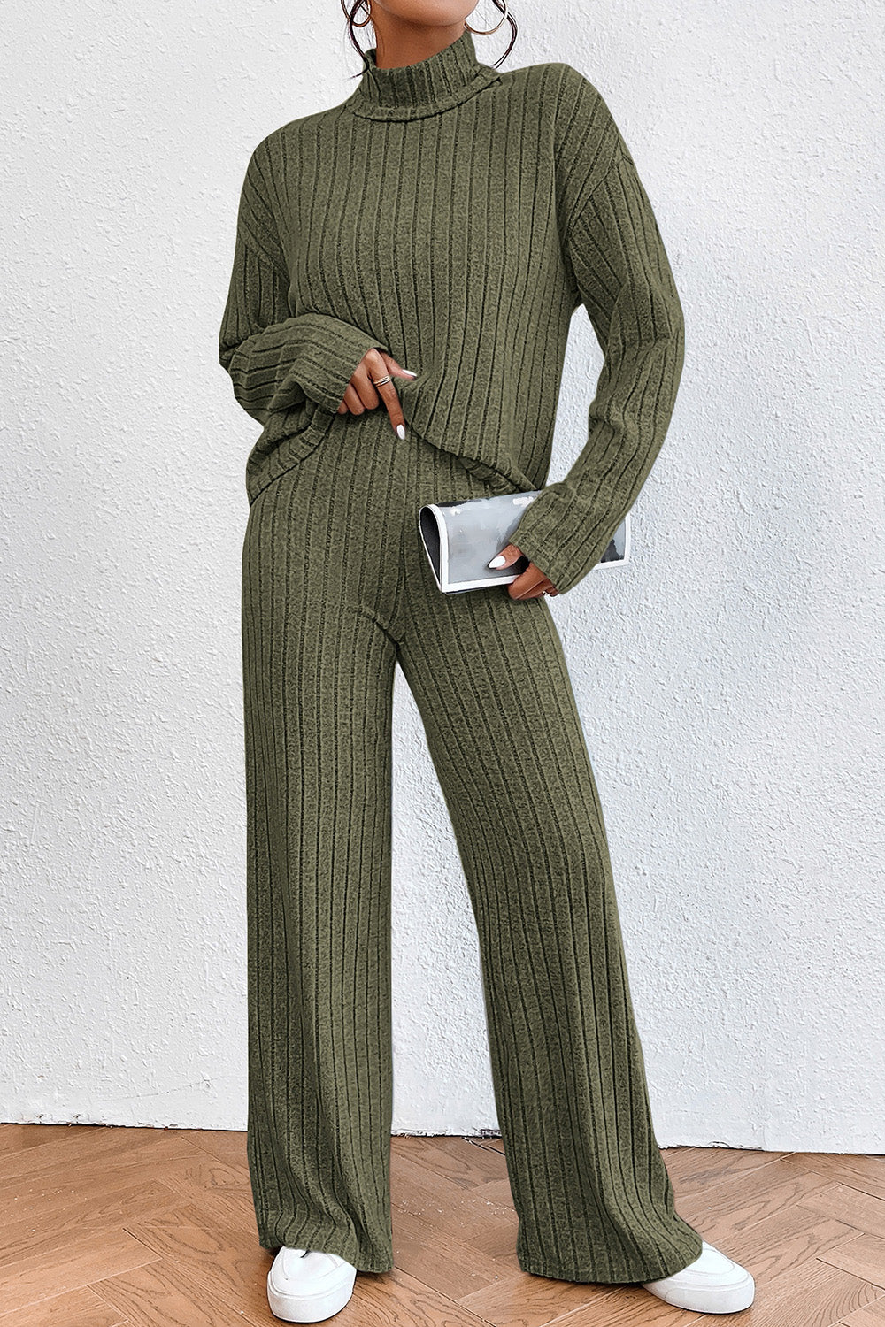 Ribbed Mock Neck Top and Pants Set 