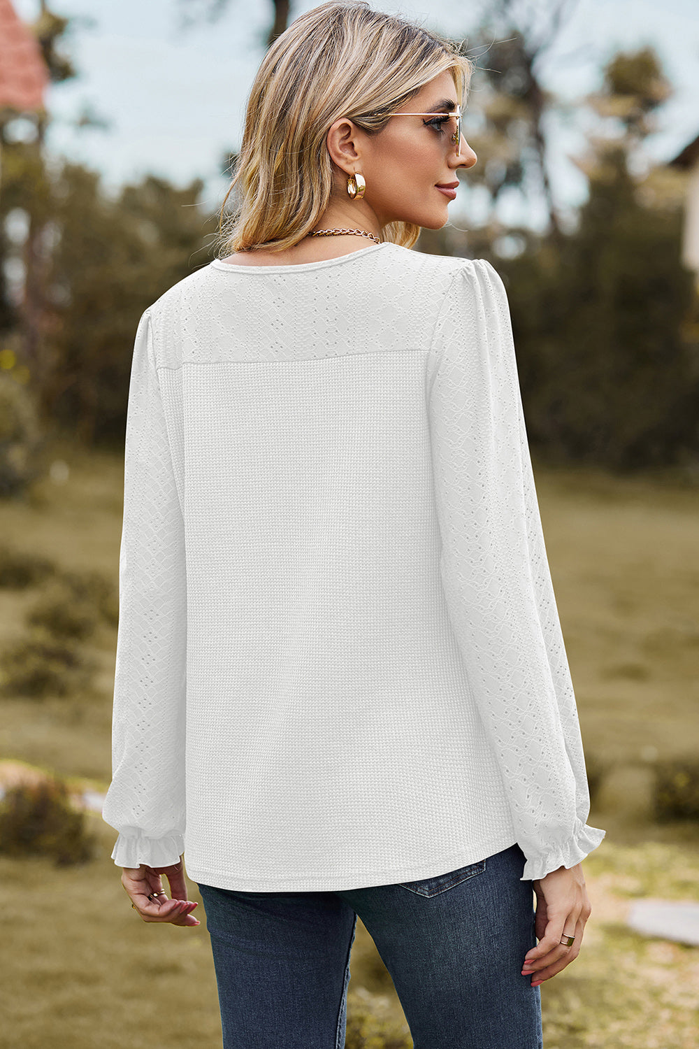 Eyelet Round Neck Flounce Sleeve T-Shirt 