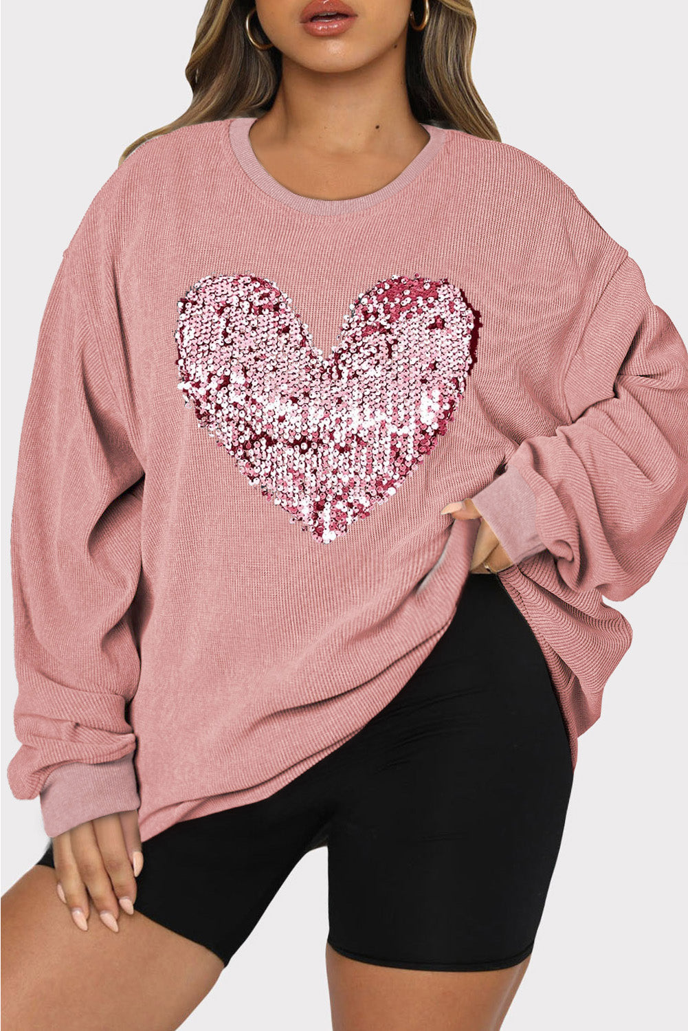 Plus Size Heart Sequin Round Neck Sweatshirt - Babbazon sweatshirt