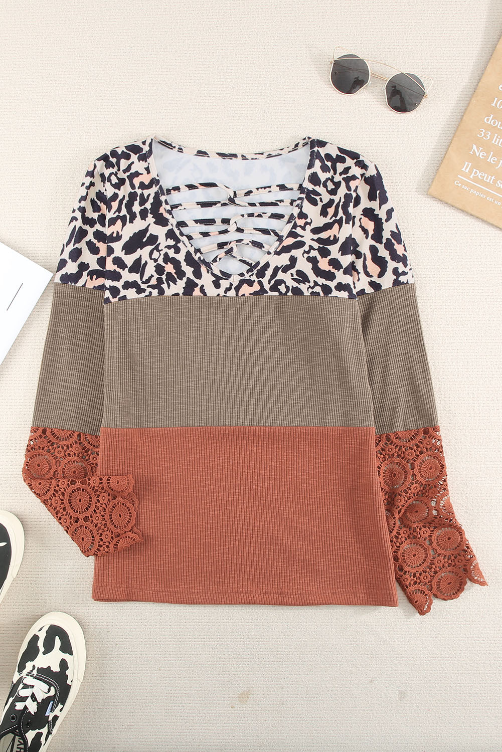 Leopard Print Lace-Up Spliced Lace Top 