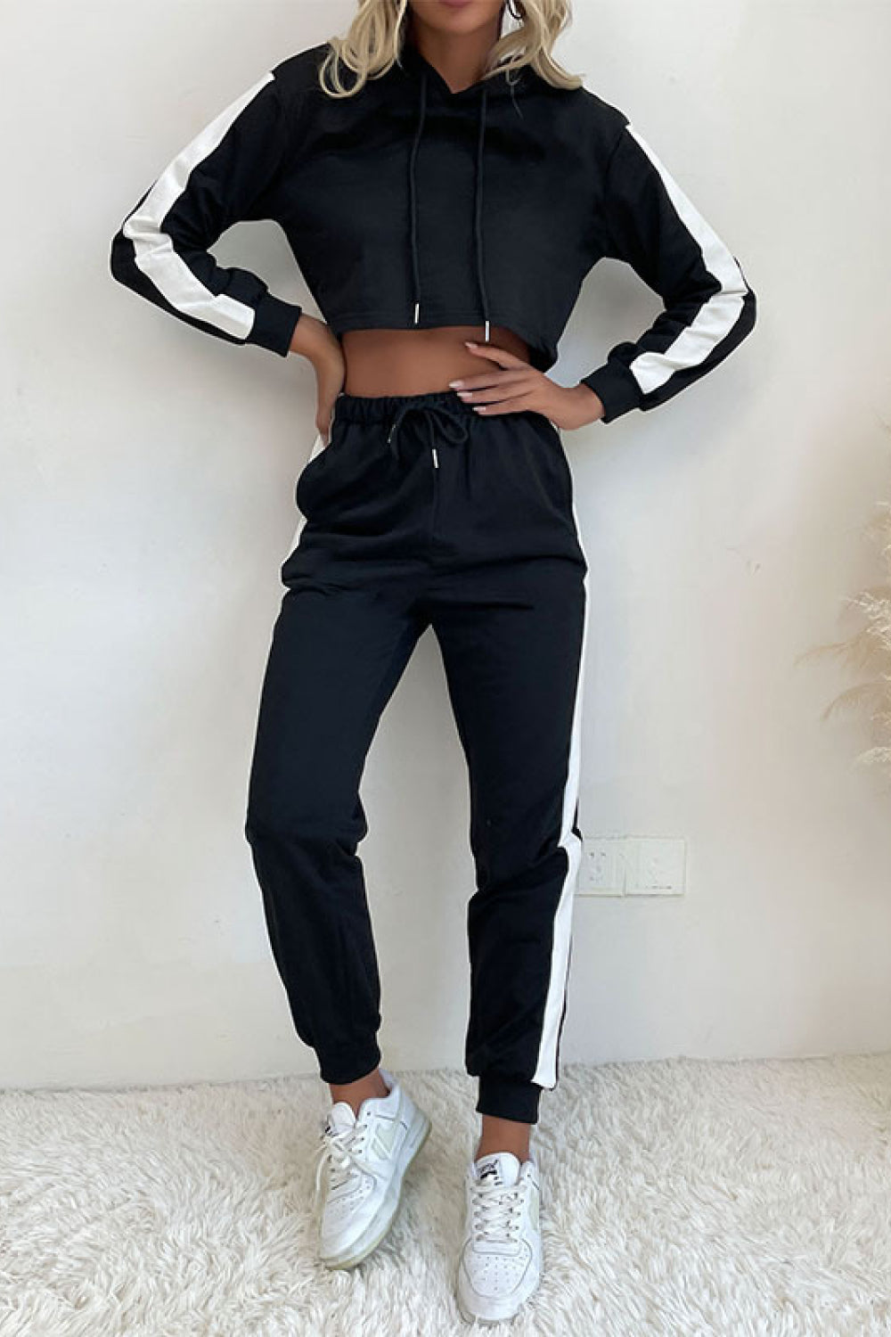 Side Stripe Cropped Hoodie and Jogger Set 