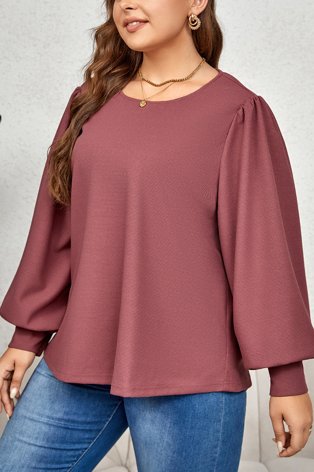 Plus Size Round Neck Puff Sleeve Top 