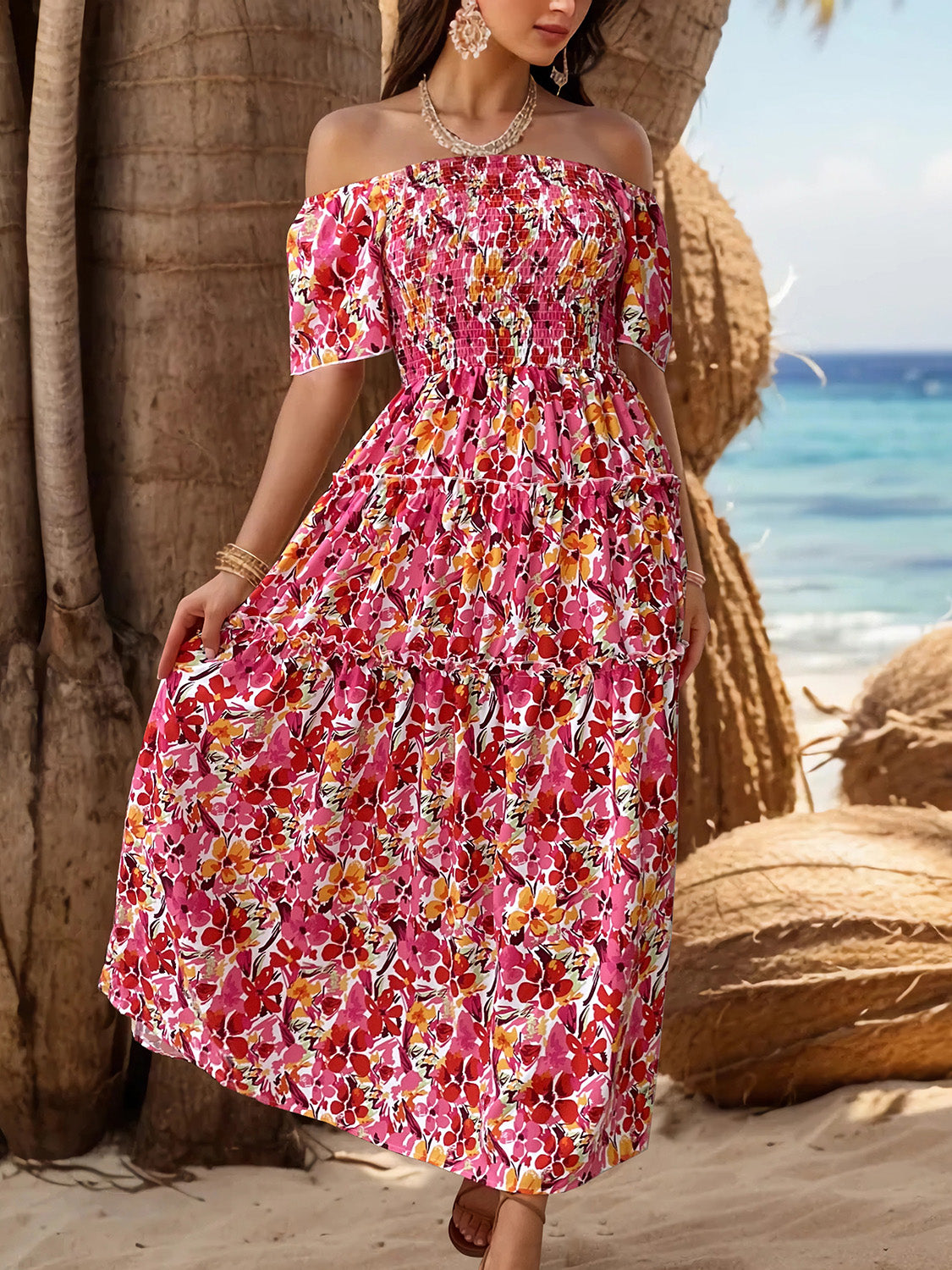 Slit Floral Off-Shoulder Short Sleeve Dress 