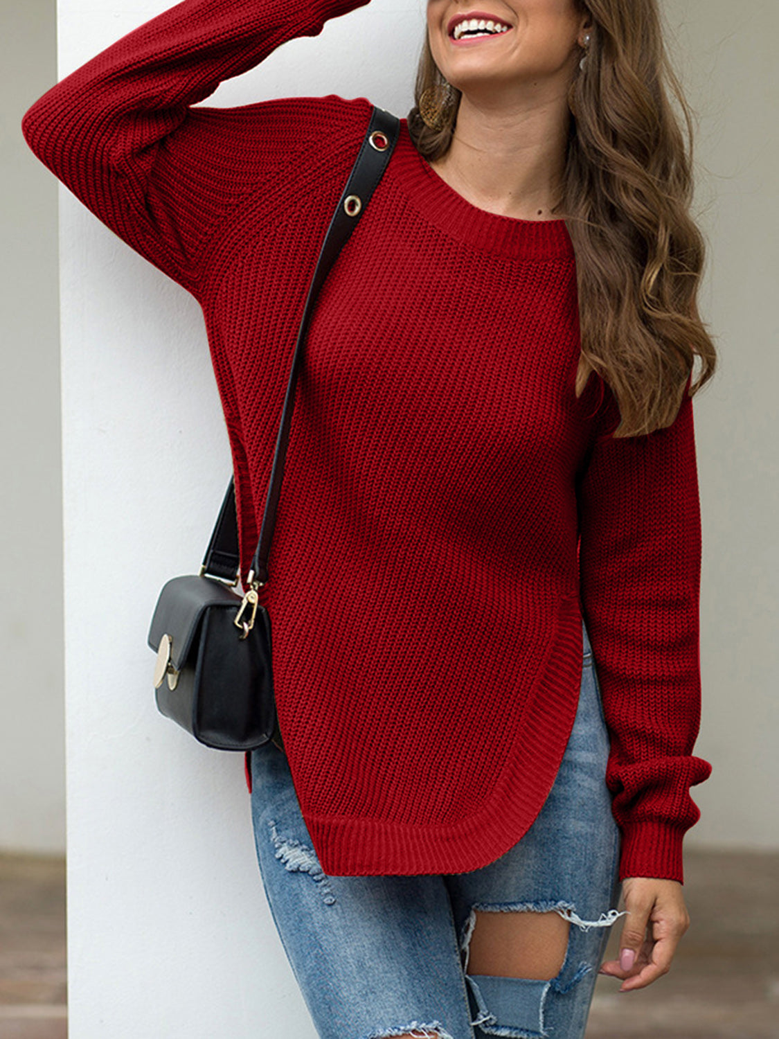 Slit Round Neck Long Sleeve Sweater