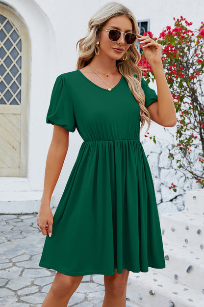 V-Neck Balloon Short Sleeve Dress 